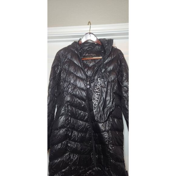 Calvin Klein Down Puffer Long Jacket Medium Black Packable Quilted Hooded Zipped - Picture 1 of 5